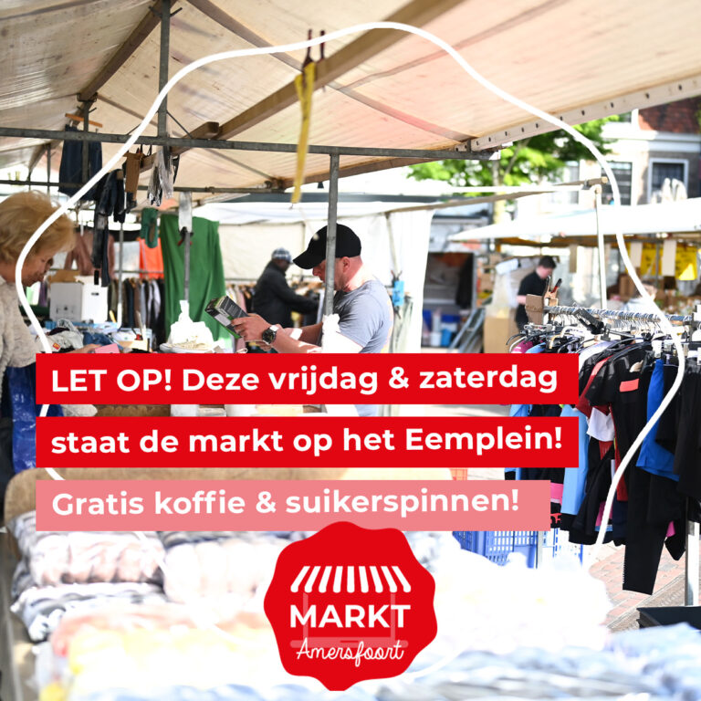 Let op! Marktverplaatsing! Aanstaande vrijdag 23 augustus en zaterdag 24 augustus is de markt Amersfoort verplaatst naar het Eemplein